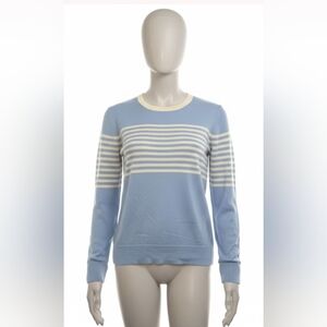 DKNY Sky Blue and Cream Striped 100% Wool Crew Neck Sweater